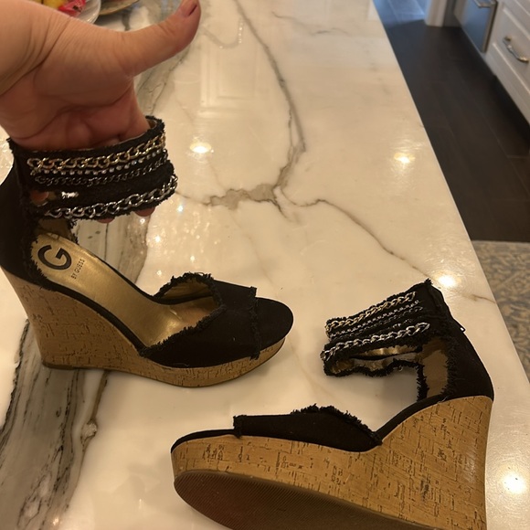 Cork Wedge Black Sandals with Cool Chains Ankle Straps-sz 8.5 - Picture 3 of 14